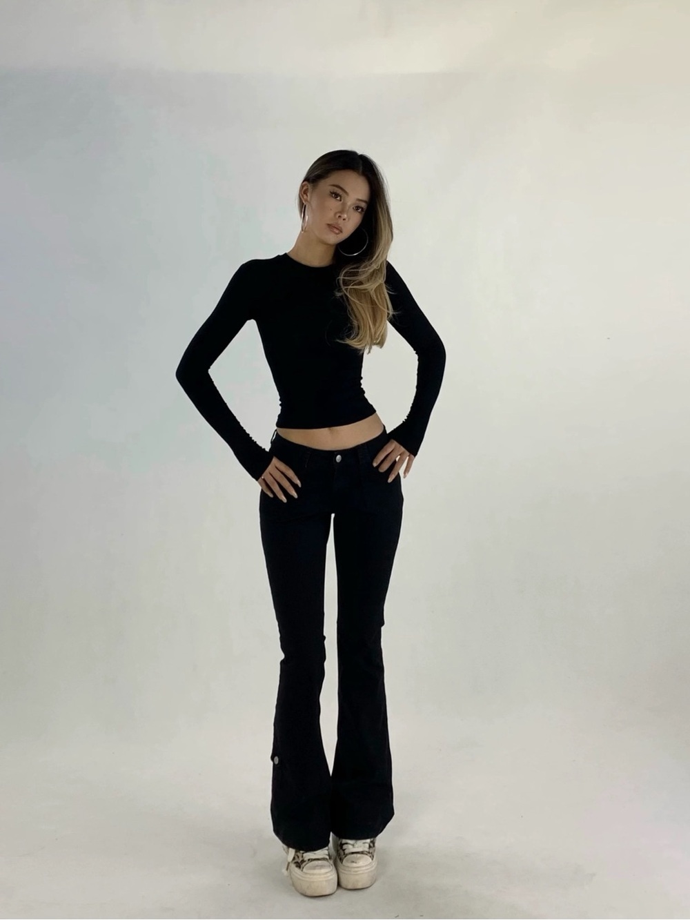 Vintage Y2K Low Waist Black Slim Flare Denim Pants Back Pocket Design